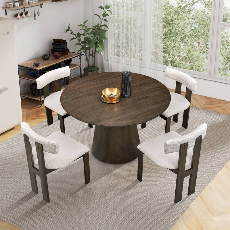 2 PCS Wooden Dining Chairs, Modern Boucle Upholstered Mid Century Side Chairs with Open Back