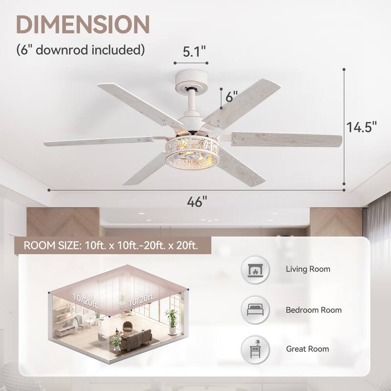 2pcs 46-inch Reversible 6-Blade Distressed White Ceiling Fan with Light and Remote