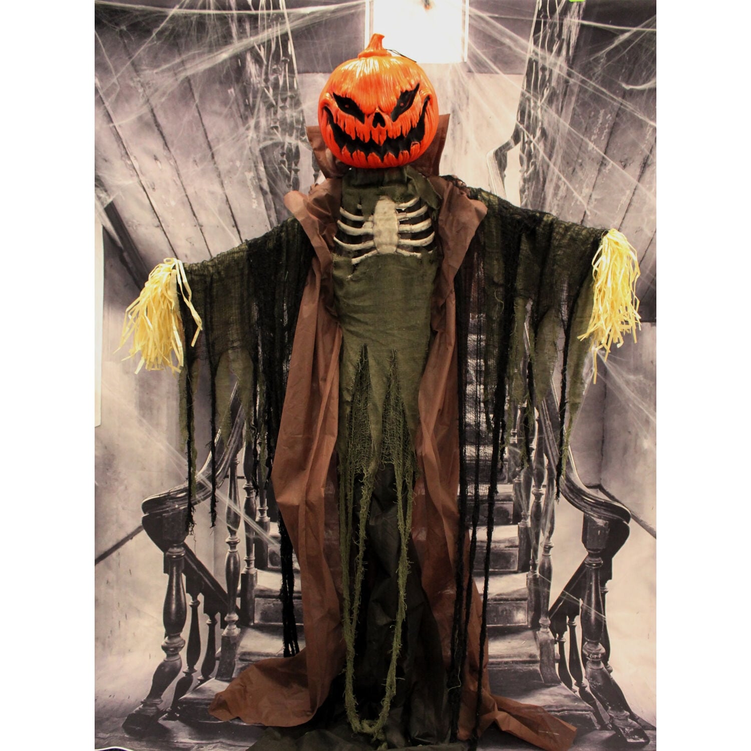 Haunted Hill Farm Lifesize Poseable 6.7-Ft. Pumpkin Scarecrow w/ Lights and Sound, Indoor/Covered Outdoor Halloween Decoration