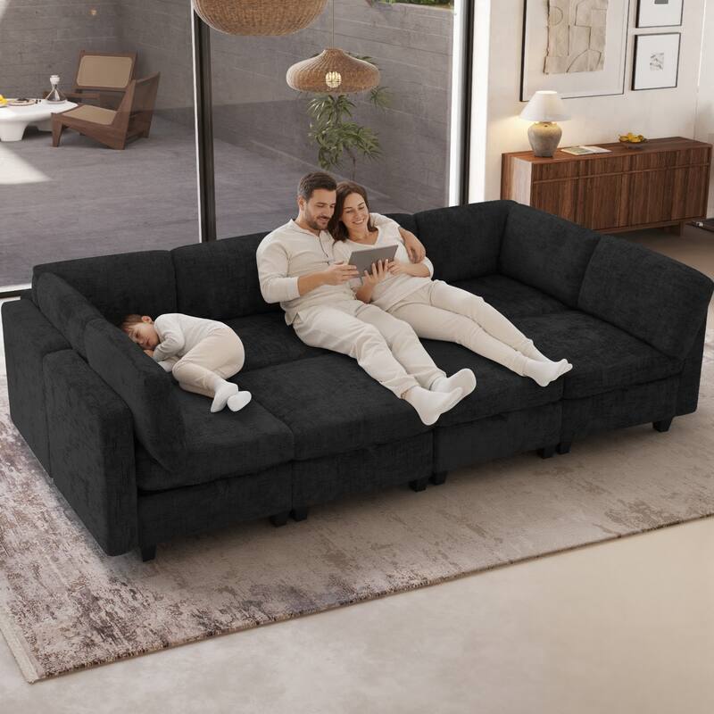 GDFStudio - Chenille Fabric 8-Seat 128" Modular Sectional Sofa with Storage & Solid Wood Frame