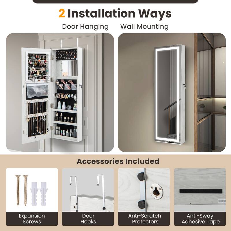 Costway Door Wall Mount Touch Screen LED Light Mirrored Jewelry - See Details