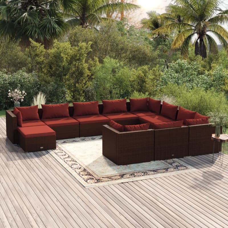 vidaXL Patio Lounge Set with Cushions Poly Rattan Brown - 27.6" x 27.6" x 24" - 27.6" x 27.6" x 24" - Brown