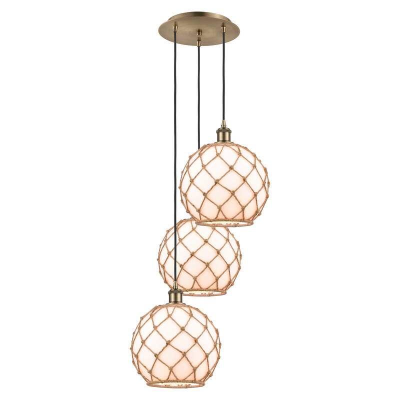 Innovations Lighting Endless Possibilities Ballston - Farmhouse Rope - 3 Light 17" Cord Hung Multi Pendant - Antique Brass/White Glass with Brown Rope