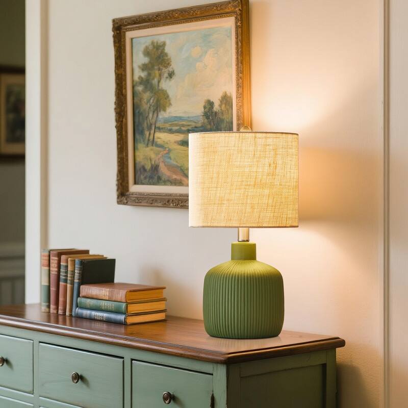 KAWOTI Fluted Ceramic Table Lamp (H18.25" x W10" x D10") - Painted Green