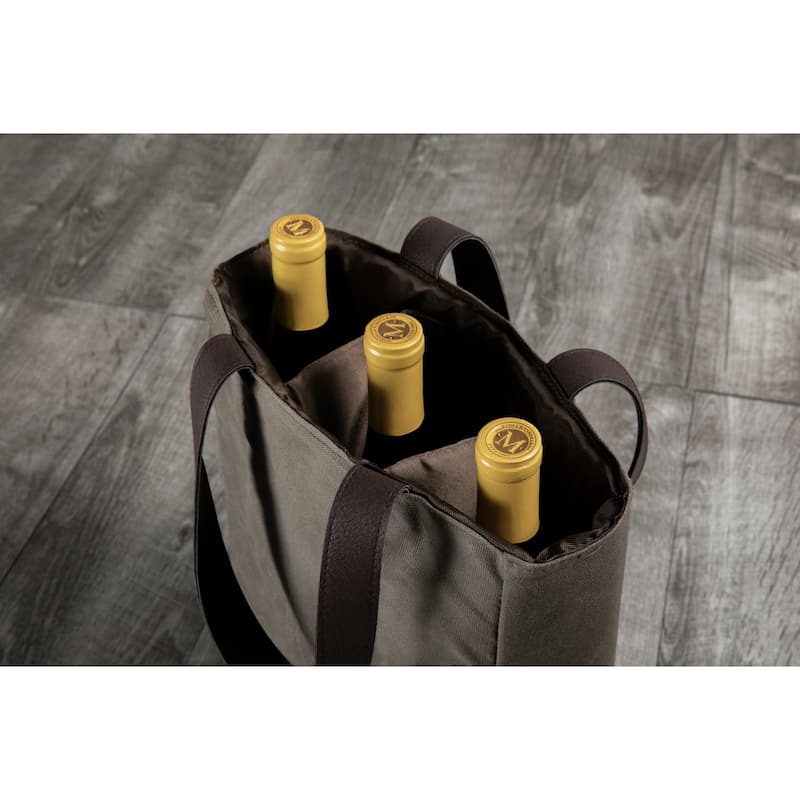 3 Bottle Insulated Wine Cooler Bag - Khaki Waxed Canvas - N/A
