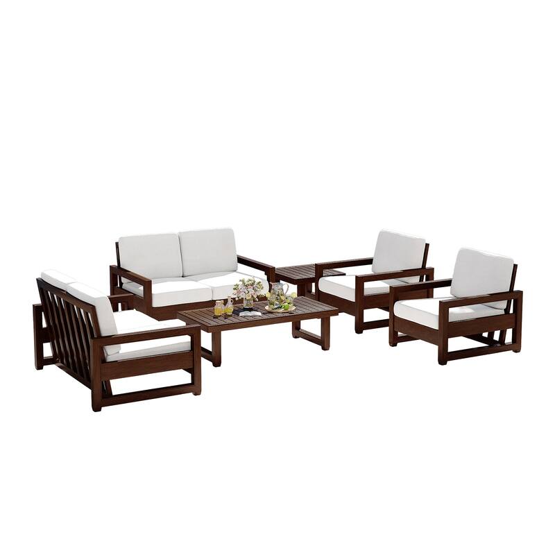 7-Piece Outdoor Teak Wood Conversation Set with Loveseat, Chairs and Tables