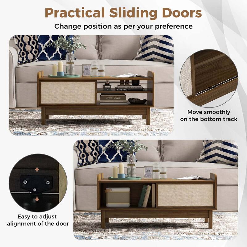 Costway Rectangular Coffee Table with Storage Weaving Sliding Door & - See Details