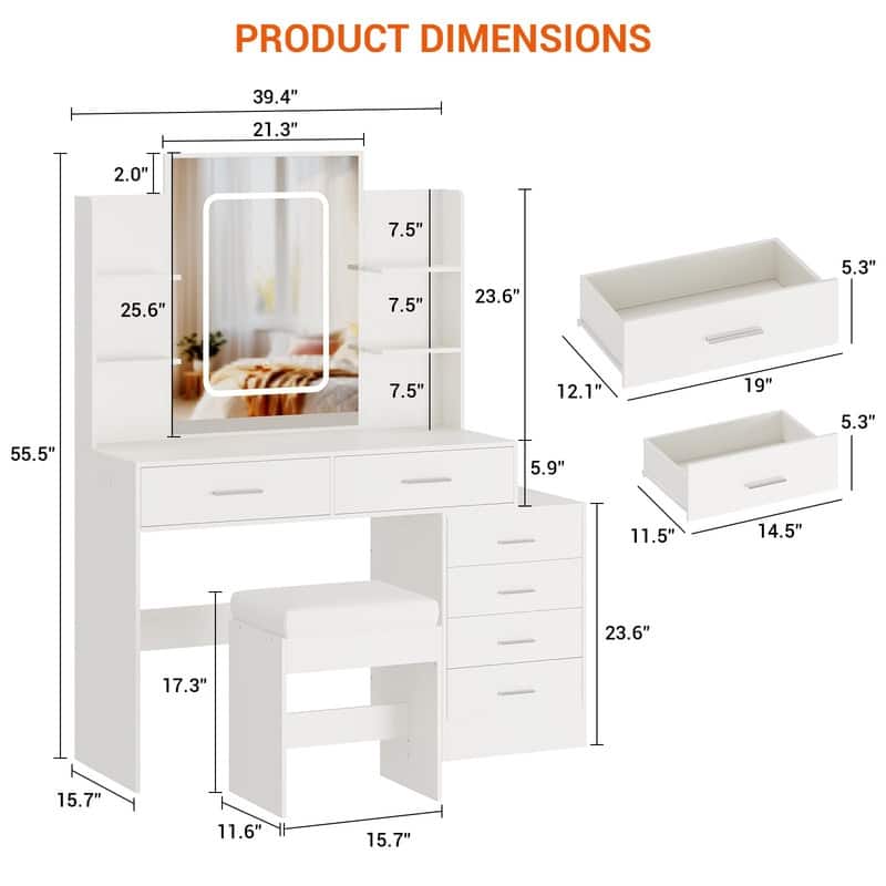 Makeup Vanity with Mirror, 6 Drawers, Shelves, Charging Ports, Hairdryer Holder, Stool