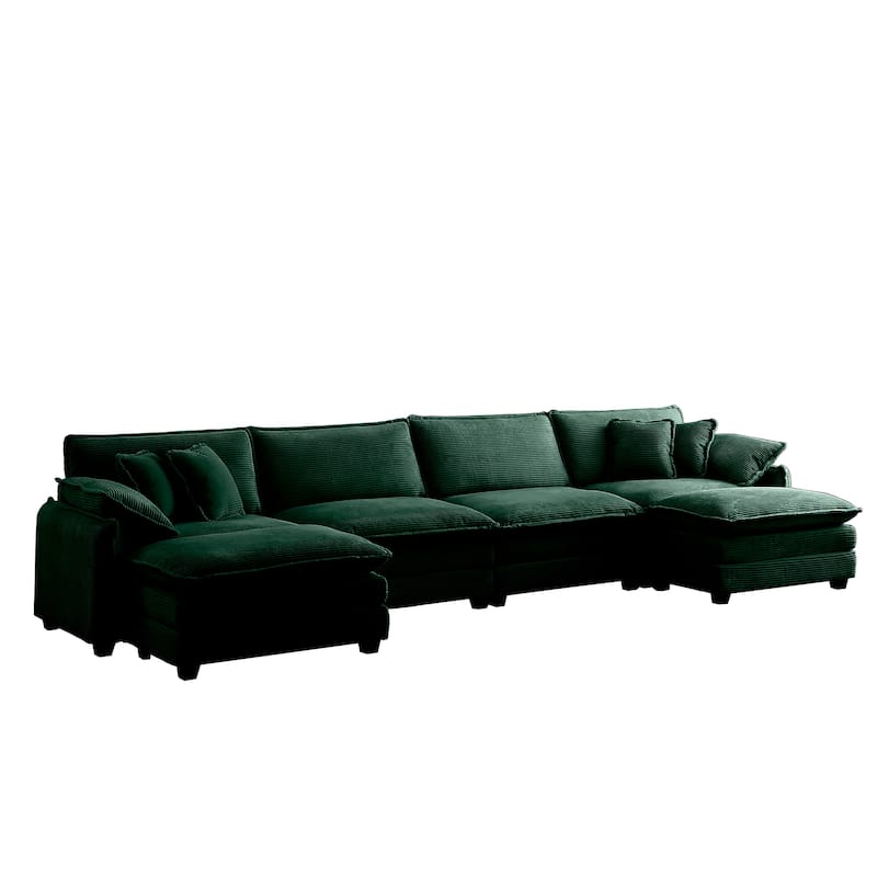 Green 6-Piece Oversized Corduroy U-Shaped Modular Sectional Sofa with Ottomans