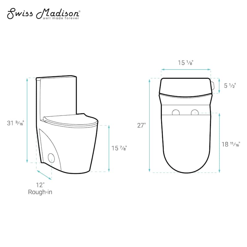 Angers One Piece Elongated Toilet Right Side Flush 1.28 Gpf - 27" x 15.15" 31.2"