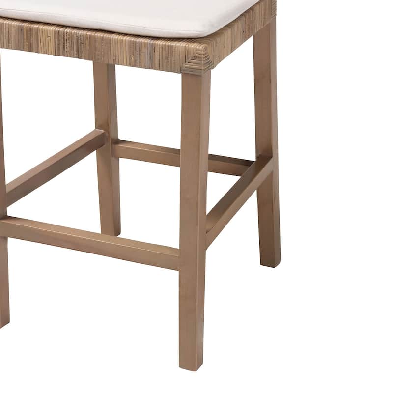 Poltak Modern Bohemian Grey Natural Kubu Rattan and Mahogany Wood Counter Stool