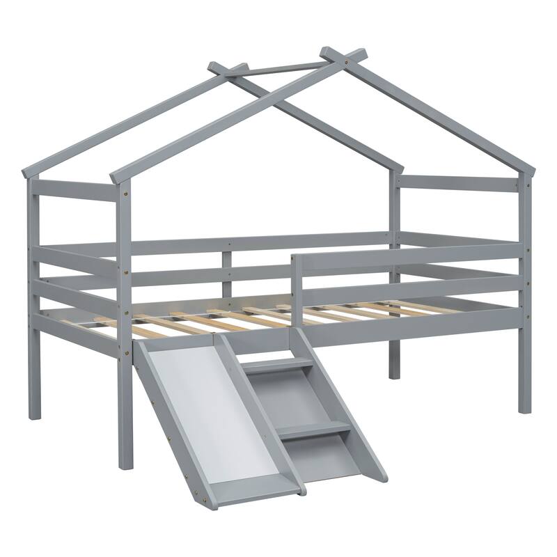Loft House Bed with Slide Ladder and Safety Guardrails