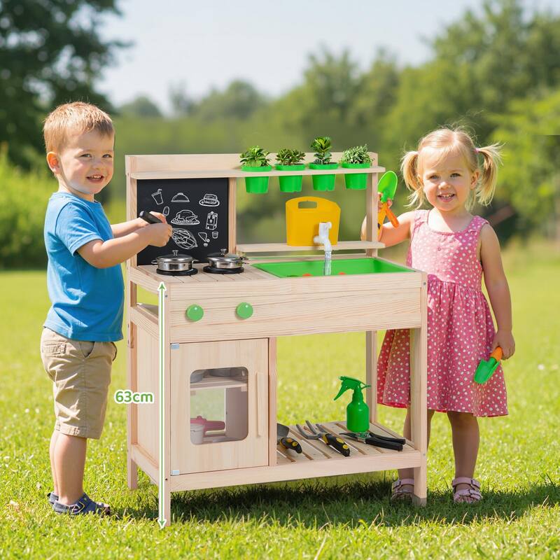 Gymax Kids Mud Kitchen Play Pretend Kitchen w/ Chalkboard Stoves