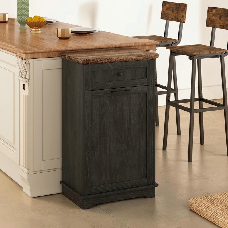 10 Gallon Tilt‑Out Trash Cabinet, Freestanding Pet‑Proof Wood Garbage Recycling Holder with Hideaway Drawer，Can Not Included
