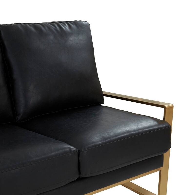 Jefferson Modern Leather Upholstered 3 Seater Loveseat Sofa Chair in Brushed Gold Steel Base with Armrest Removable Cushion