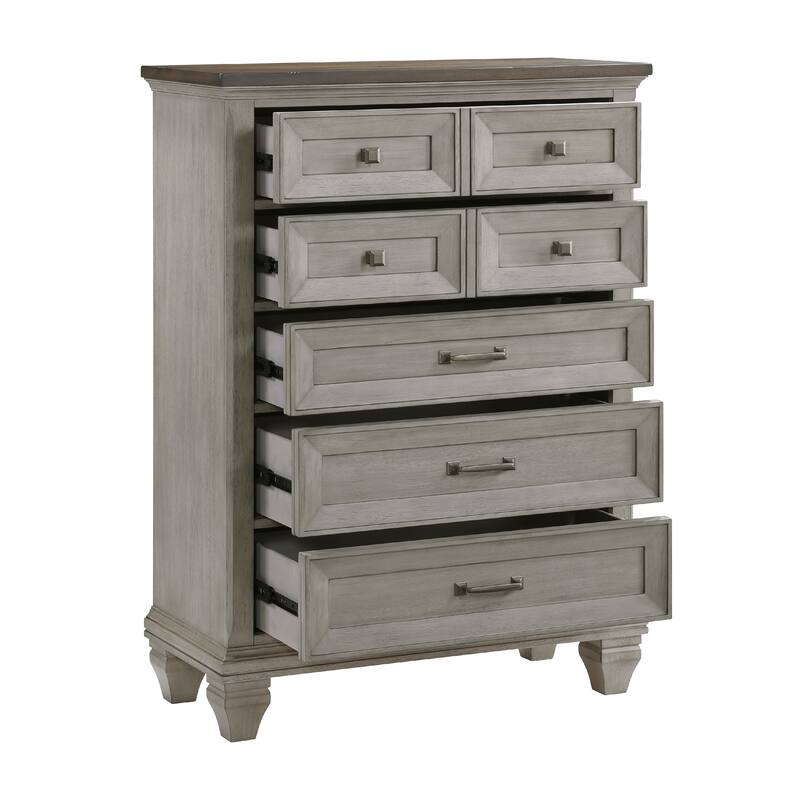 Giny Tall Dresser Chest, 5 Drawers, Brown and Antique Gray Acacia Wood