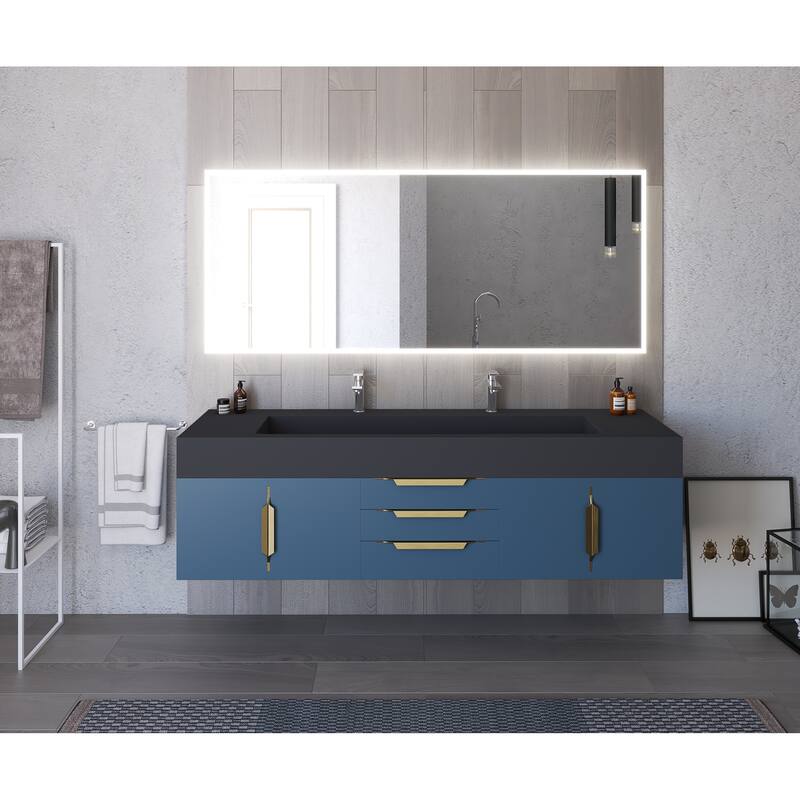 Nile 72" Wall Mounted Bathroom Vanity Set w/ Black Top