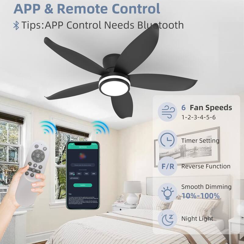 42-inch 5-blade high-airflow easy-install plug-in ABS blade ceiling fan light - Black