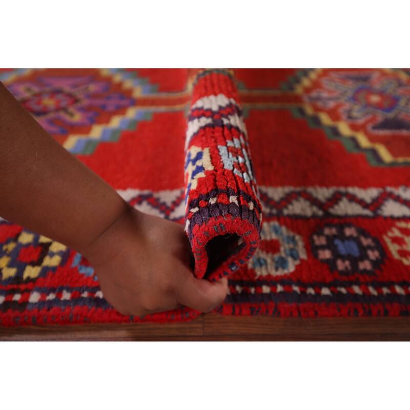 Red Geometric Anatolian Turkish Runner Rug Handmade Silk Carpet - 2'9"x 12'11"