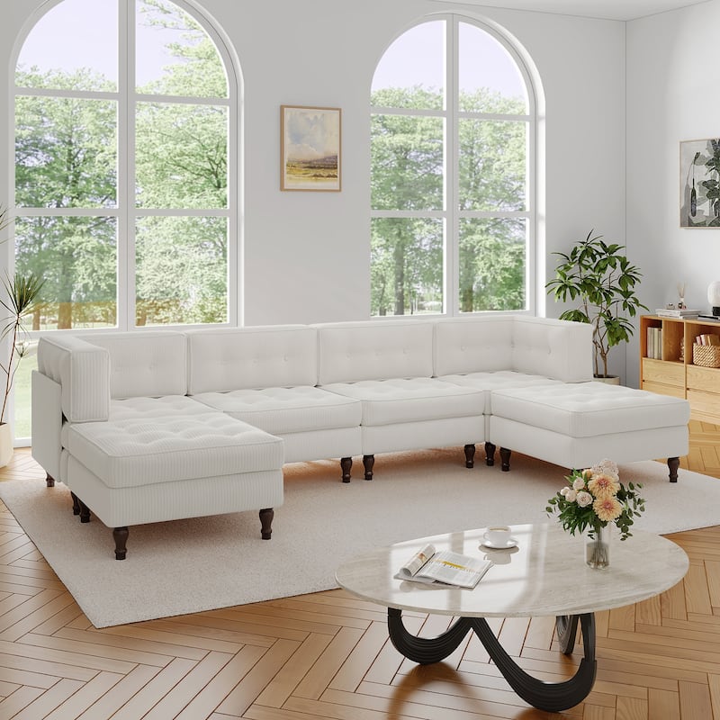 130"W Corduroy Upholstered Modular Sectional Sofa with Storage Ottoman - Beige