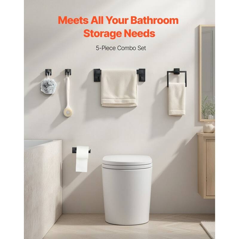5-Piece Matte Black Bathroom Accessories Set with Towel Rack - 15.75 x 3.94 x 3.07 inch