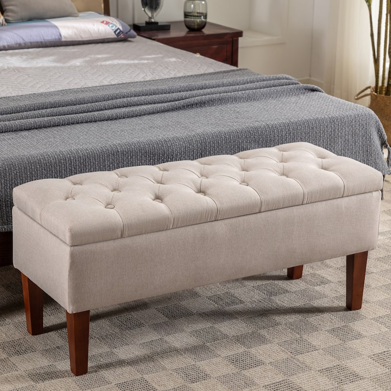 Porthos Home Ugo Fabric Storage Ottoman Bench with Rubberwood Legs - Beige
