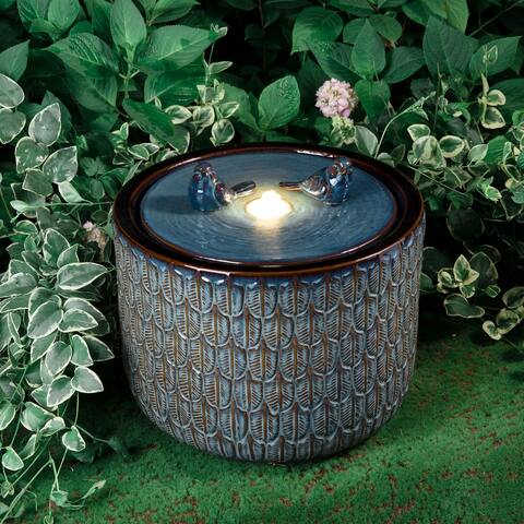 15"H Turquoise Two Birds Embossed Leaf Pattern Cylindrical LED Ceramic Fountain by Glitzhome