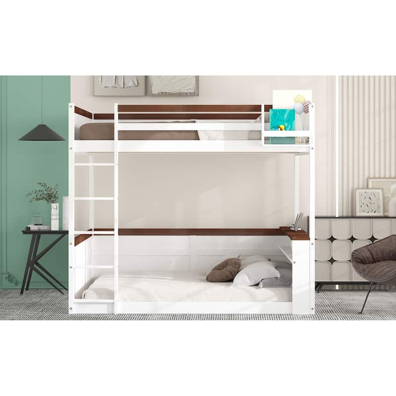 Queen Size Wooden Bunk Bed with Shelves, Storage Box, LED Light, and USB Charging Station