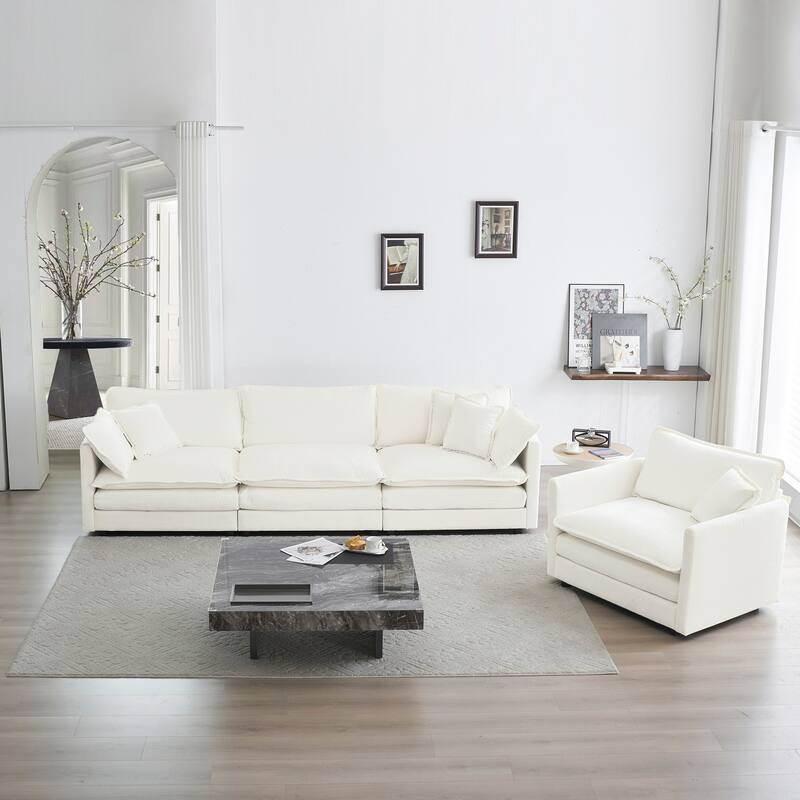 4-Seat Chenille Sectional Sofa Set (3-Seater + Chair) - White