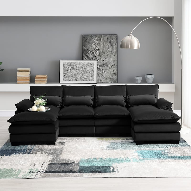 6-seat Upholstered Modern U-shaped Sectional Sofa with Waist Pillows,Sleeper Sofa Couch with Chaise Lounge - Black