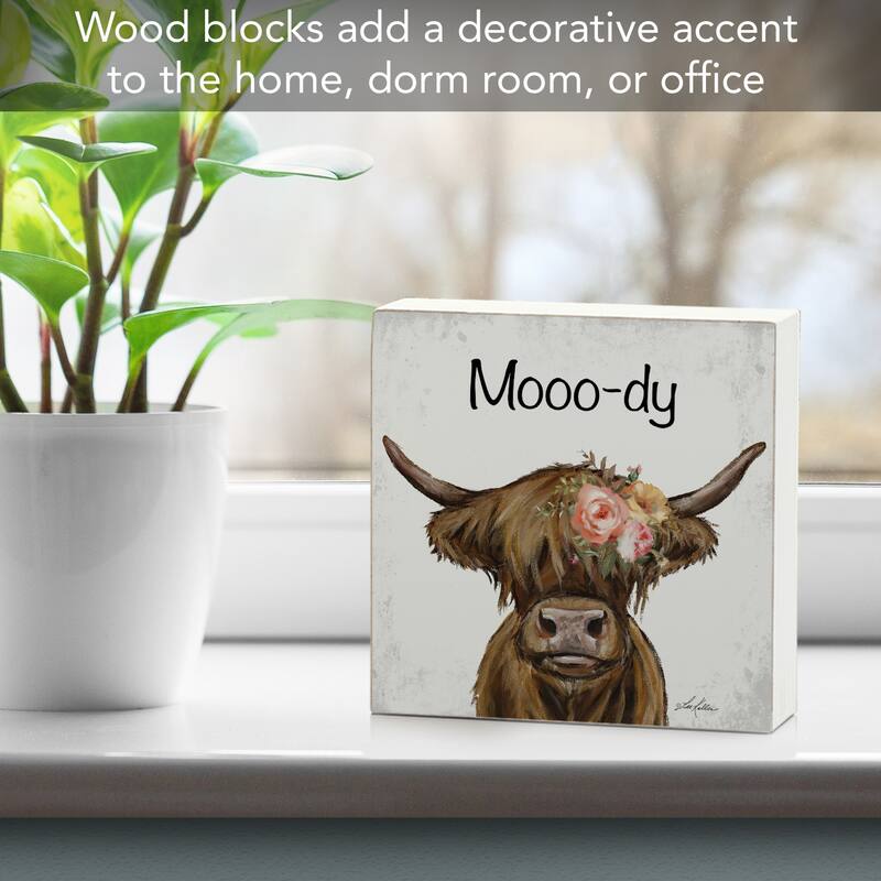 Mooo-dy Artistic Freestanding Solid Wood Block Sign Made in the USA 3.75” Square Decorative Accent for Home or Office - Multi