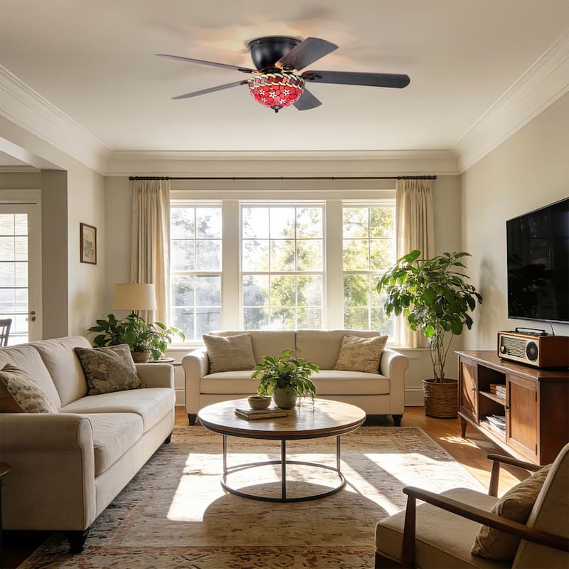 Chergo 52-Inch Flushmount Lighted Ceiling Fan Red Flower Tiffany Glass Lamp Black Finish