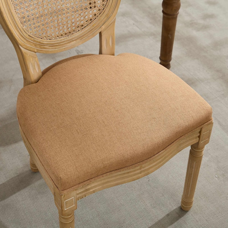 French Style Antique Painting Linen Fabric Rattan Back Dining Chair,Set of 2