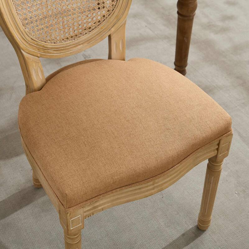 French Style Solid Wood Frame Antique Painting Linen Fabric Rattan Back Dining Chair,Set of 2,Olive-Green