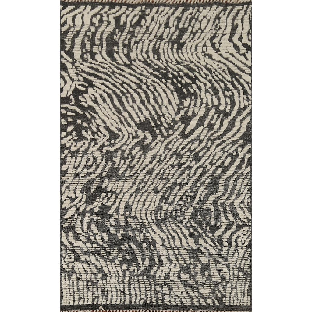 Black & Ivory Moroccan Abstract Rug Hand-Knotted Wool Carpet - 5'11"x 9'2"