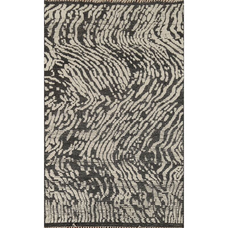 Black & Ivory Moroccan Abstract Rug Hand-Knotted Wool Carpet - 5'11"x 9'2"