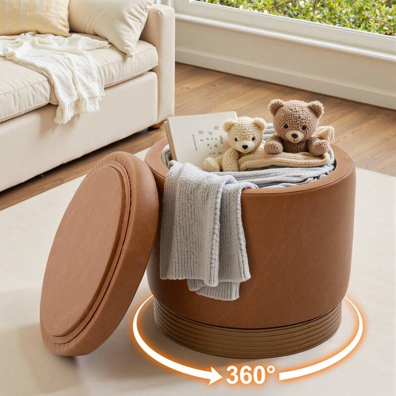 Round Swivel Storage Ottoman Footstool with Flip-top and Acacia Frame