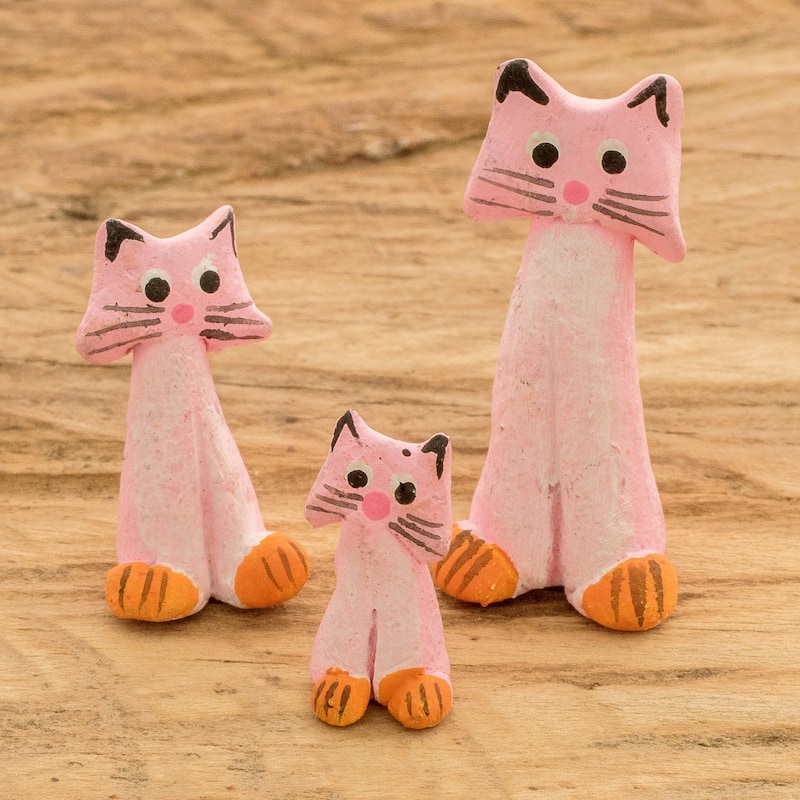 Novica Handmade Perky Pink Pussycats Ceramic Figurines (Set Of 3)