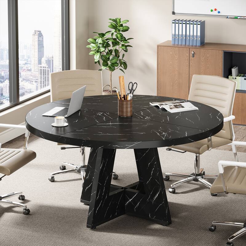47" Round Conference Table Meeting Room Table with Thickened Top Wood Base Modern Training Desk for Conference/Seminar Room