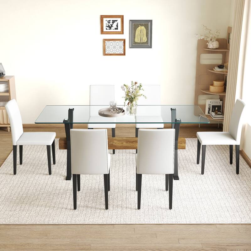 79" Glass Dining Table Set for 6, Modern Tempered Glass Table with 6 Upholstered Chairs, Kitchen Table and Chairs for 6