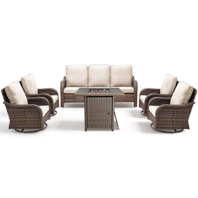 Pocassy Patio Sofa Swivel Chair with Fire Table Funiture Set
