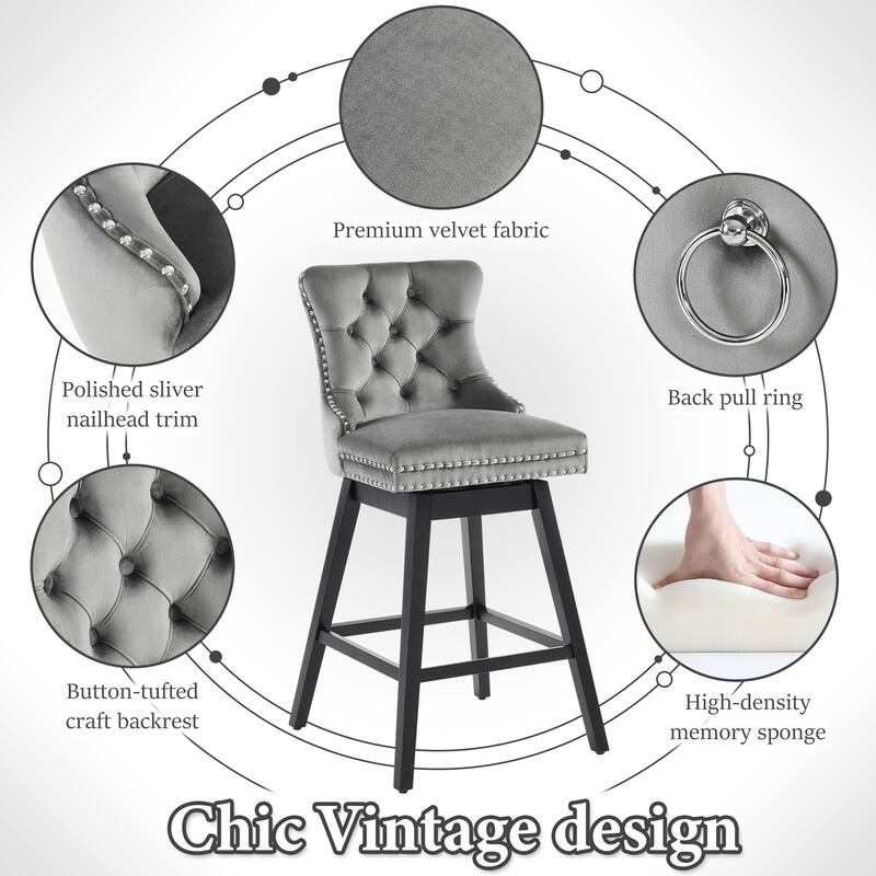 26"/30" Velvet Upholstered Swivel Counter or Bar Height Stools, Set of 4