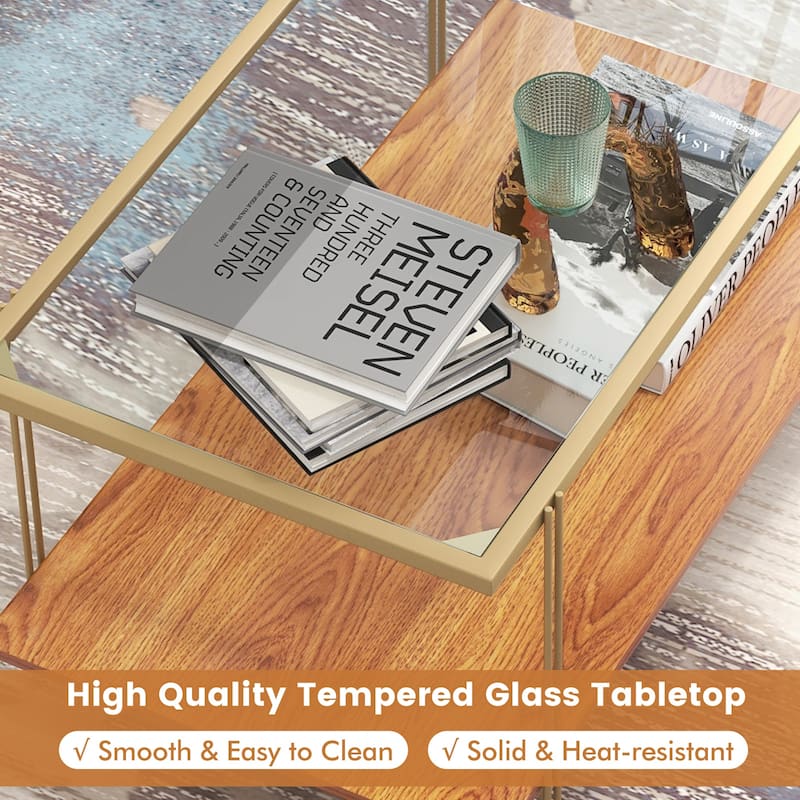 Gold Engineered Wood and Steel Coffee Table with Tempered Glass Top and 2-Tier Storage - 39.5" x 20" x 18" (L x W x H)