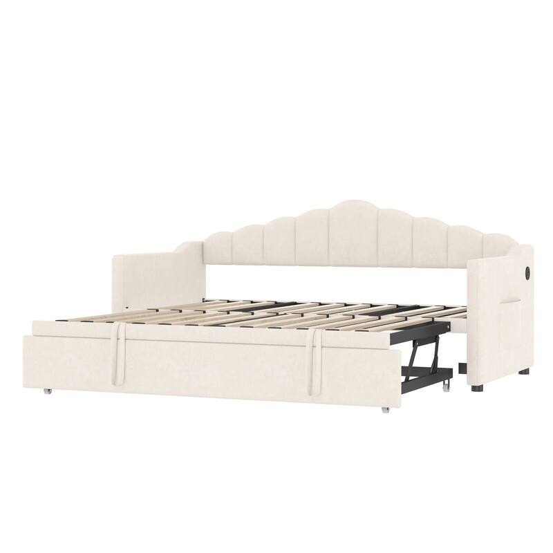 Twin Size Daybed with Adjustable Height Pop Up Trundle and USB Charging Port, Upholstered Sofa Bed Frame with 2 Side Pockets
