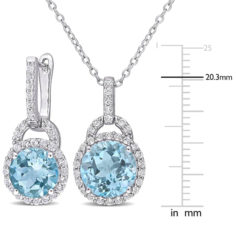Miadora Sky Blue Topaz and White Topaz Two Piece Halo Necklace and Earrings Set in Sterling Silver