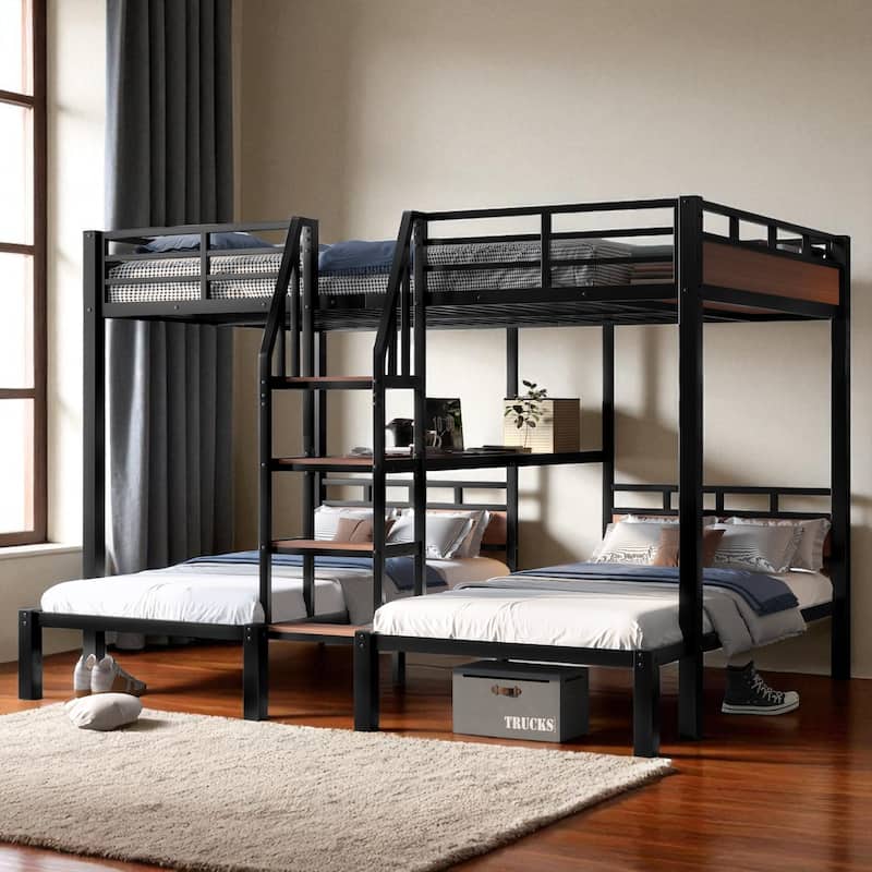 Twin/Queen over Twin over Twin Metal Triple Bunk Bed with Storage Shelves & Built-in Stairs, Black Heavy Duty Frame