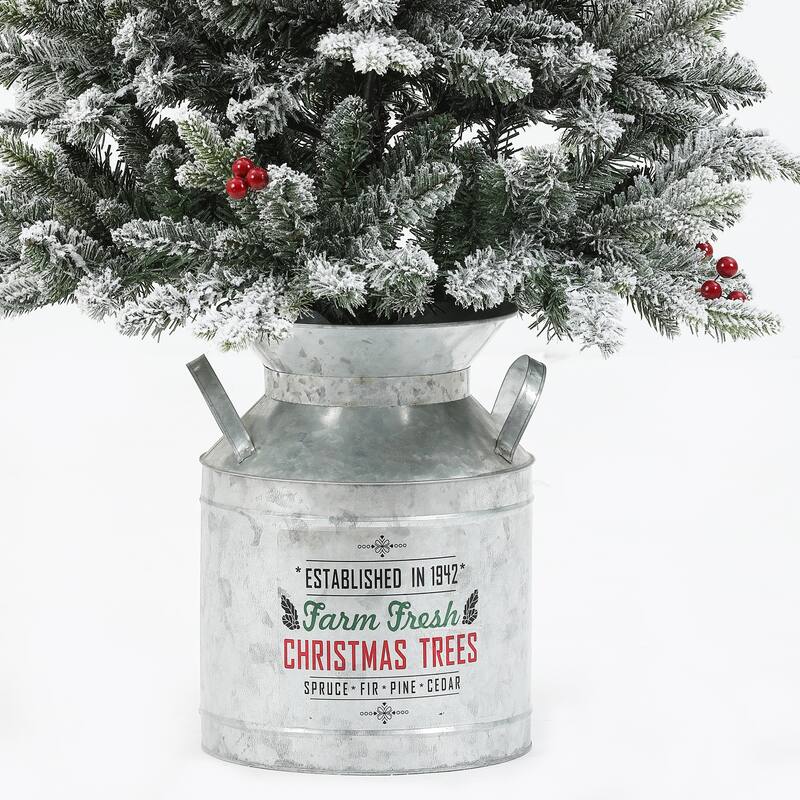 Pre-Lit LED 5ft Snow Flocked Artificial Christmas Tree with Red Berries and Metal Pot - 60" H x 25.5" W x 25.5" D