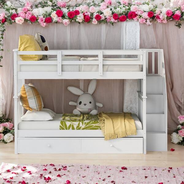 slide 2 of 15, Simple Full Over Full Bunk Bed With Twin size Trundle,Storage and Guard Rail