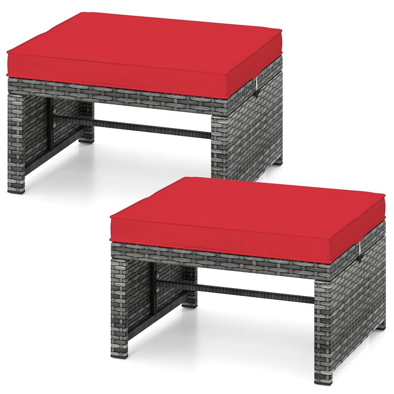 Gymax 2 Pieces Patio PE Rattan Ottomans with Soft Zippered Cushions