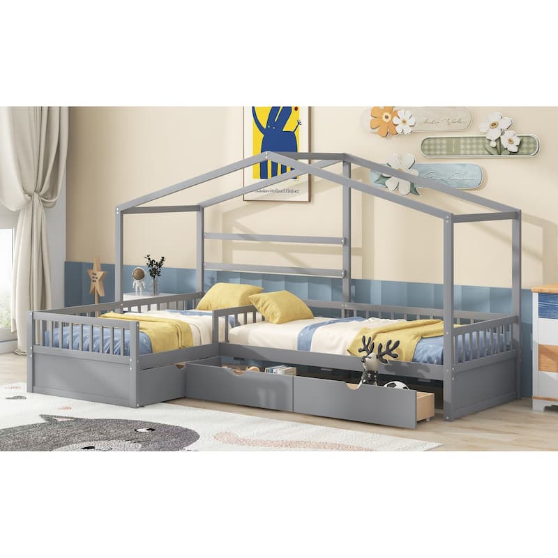 Double Twin L-Shaped House Platform Bed with Drawers and Guardrail